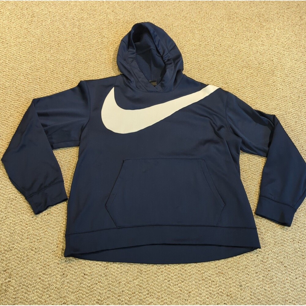 Nike Dri Fit Hoodie Sweatshirt Mens XL Blue White Big Swoosh Athletic Fleece